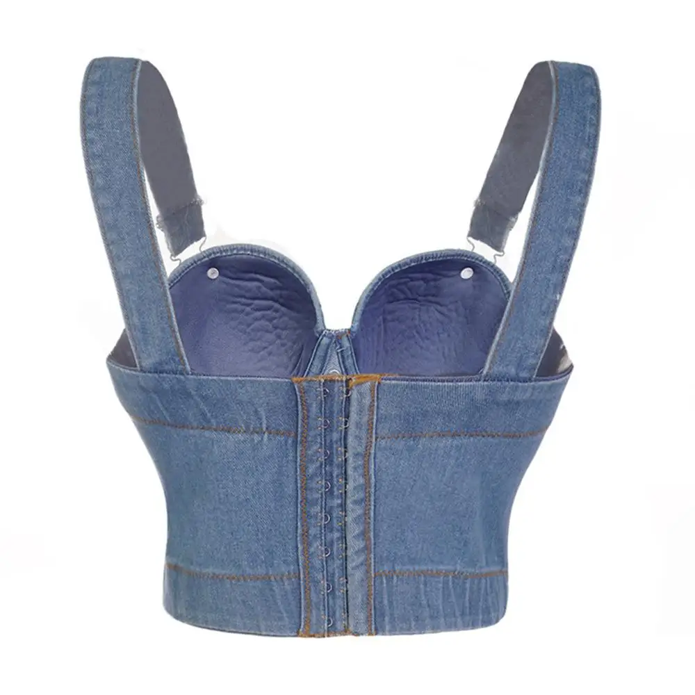 Fashion Sexy Denim Jeans Women's Button Bra Night Club Party Cropped Top Vest Plus Size