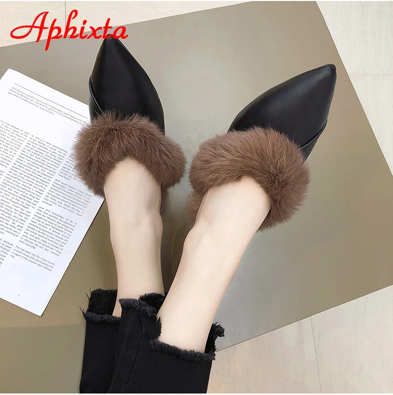 Aphixta/женские шлепанцы с острым носком; Коллекция года; обувь без задника с натуральным животным мехом; обувь с пряжкой; тапочки с натуральным мехом; женская обувь на меху