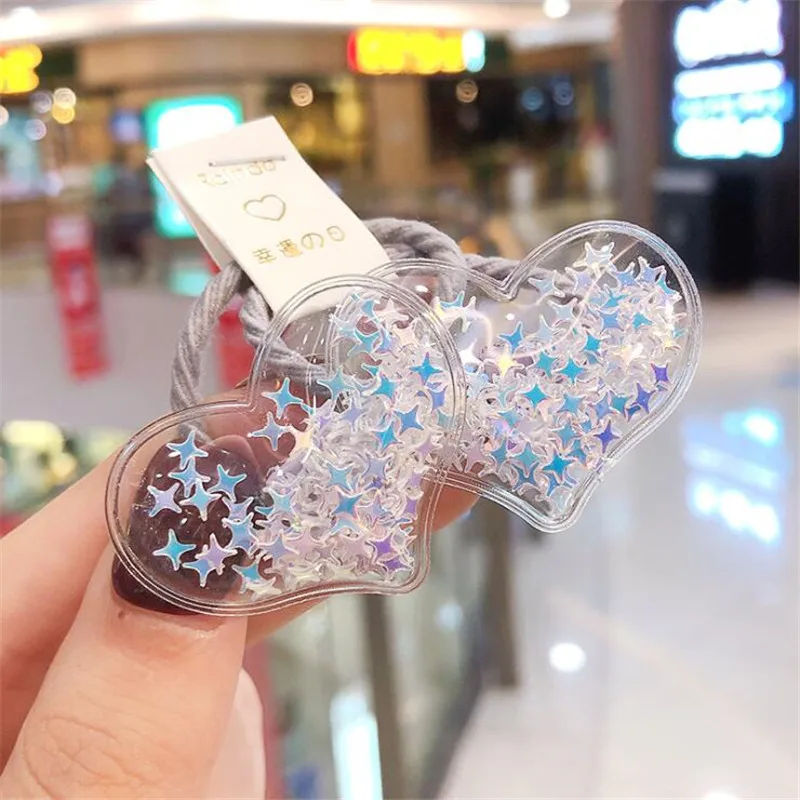 White Heart New Cute Crown Star Quicksand Scrunchies Children Girls Kids Elastic Hair Rubber Band Accessories Tie Hair Ring Rope Holder - Color: White Heart