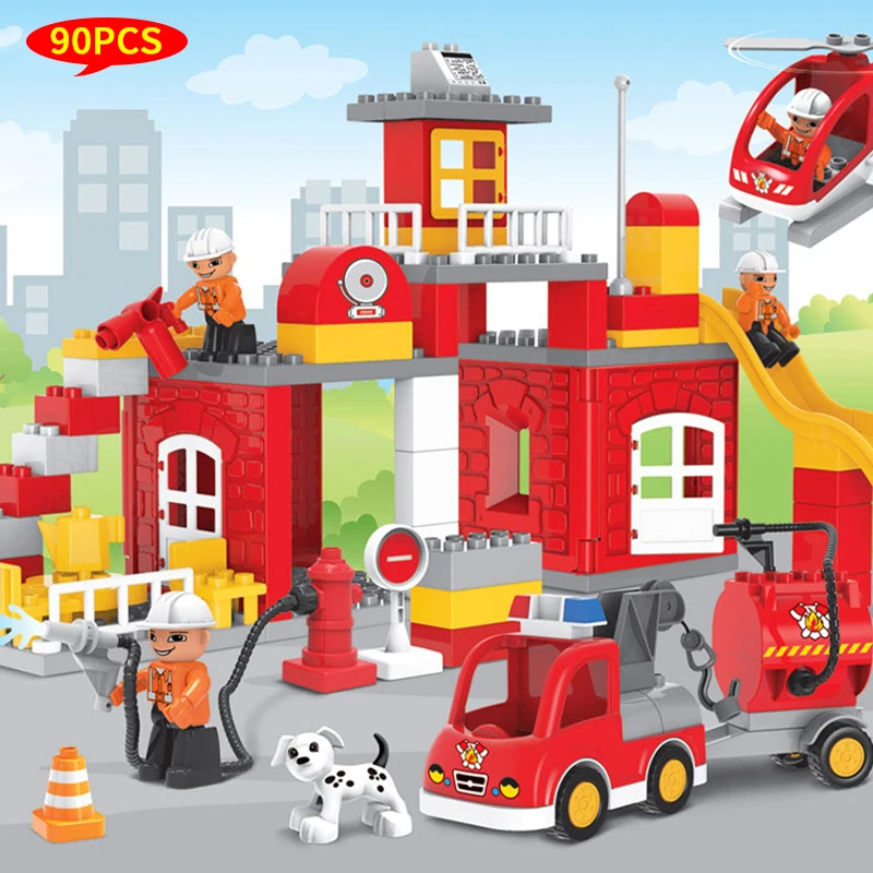 

City Construction Fire Department House Model Big Size Building Blocks DIY Firefighter Truck Bricks Educational Toys for Kids