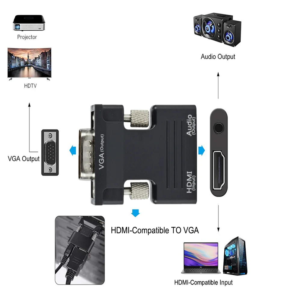 Адаптер HDMI-совместимый с VGA переходник женским на мужской аудиокабелем HD 1080P для