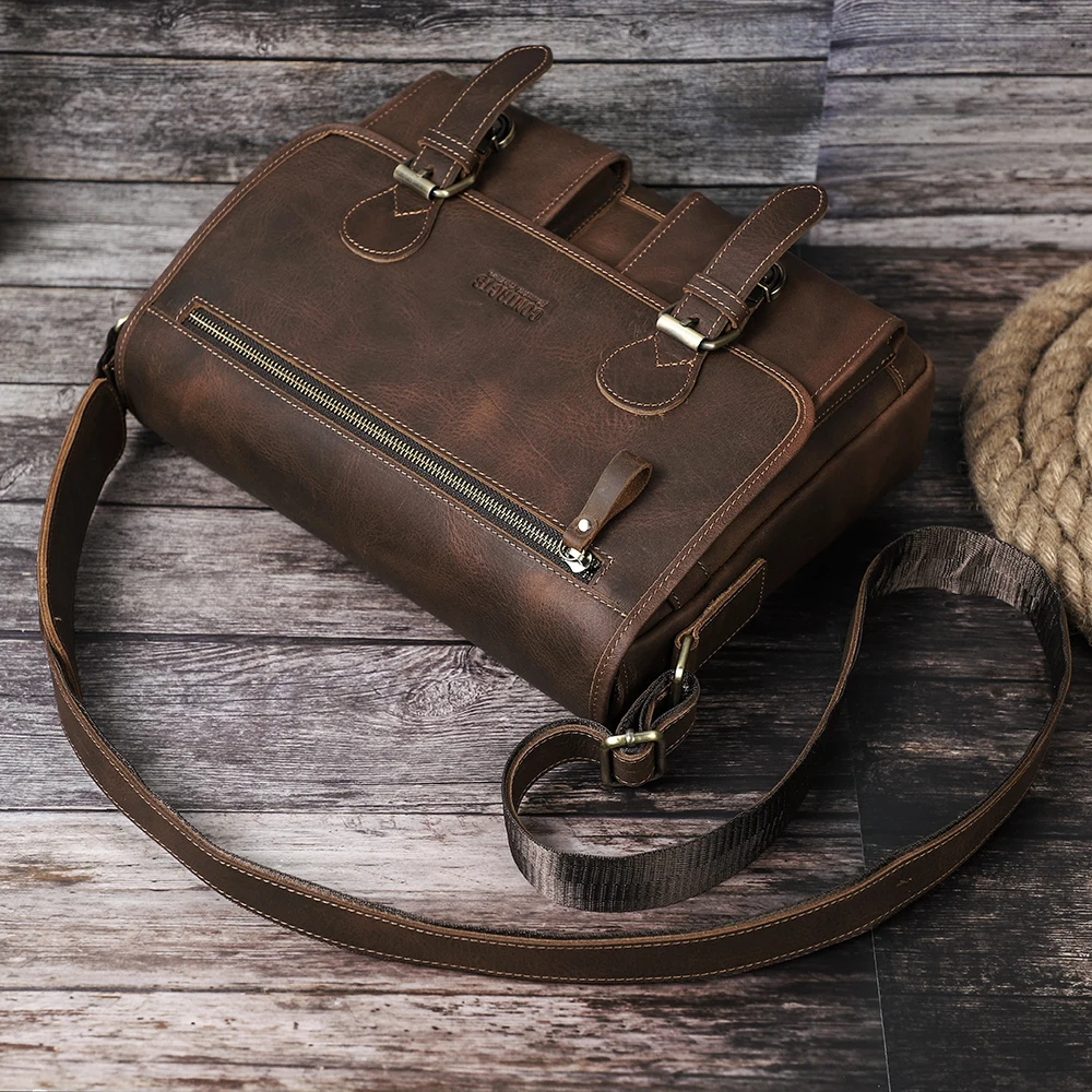 Vintage Crazy Horse Leather Men Briefcase Laptop Bag Office Business Bag Genuine Leather Men Shoulder Crossbody Briefcase