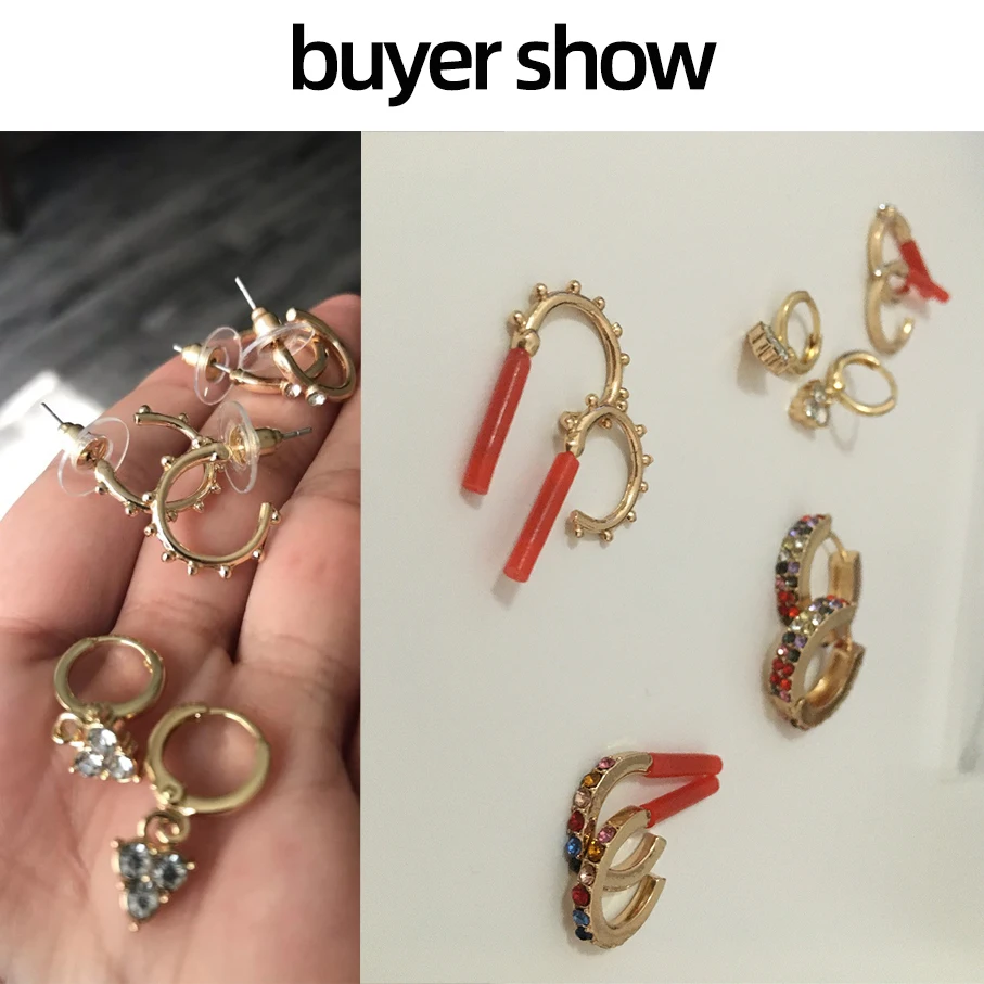 Круглые Женские золотые серьги модные разноцветные со стразами комплект серег