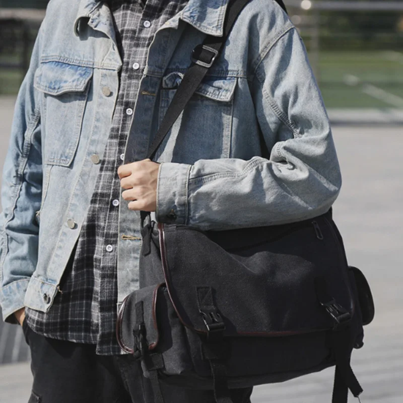 Холщовая вместительная сумка-мессенджер через плечо в стиле ретро для ноутбука