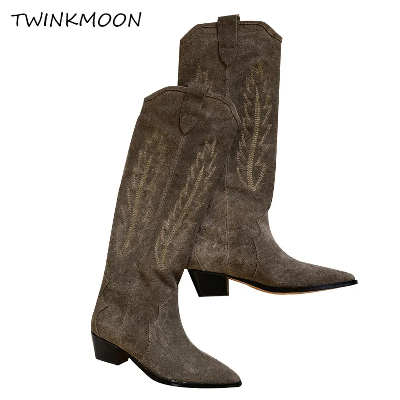 Замшевые женские высокие сапоги до колена с вышивкой осенне-зимняя обувь на