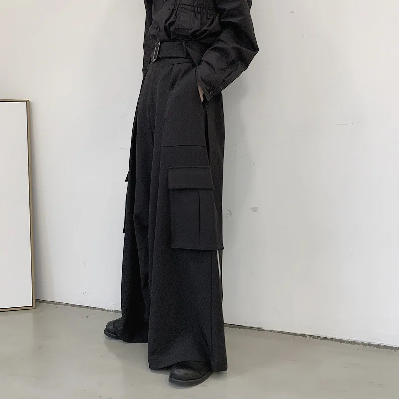 

Men Japan Loose Casual Wide Leg Cargo Pants Male Street wear Hip Hop Punk Gothic Harem Belt Trousers Kimono Straight Skirt Pants