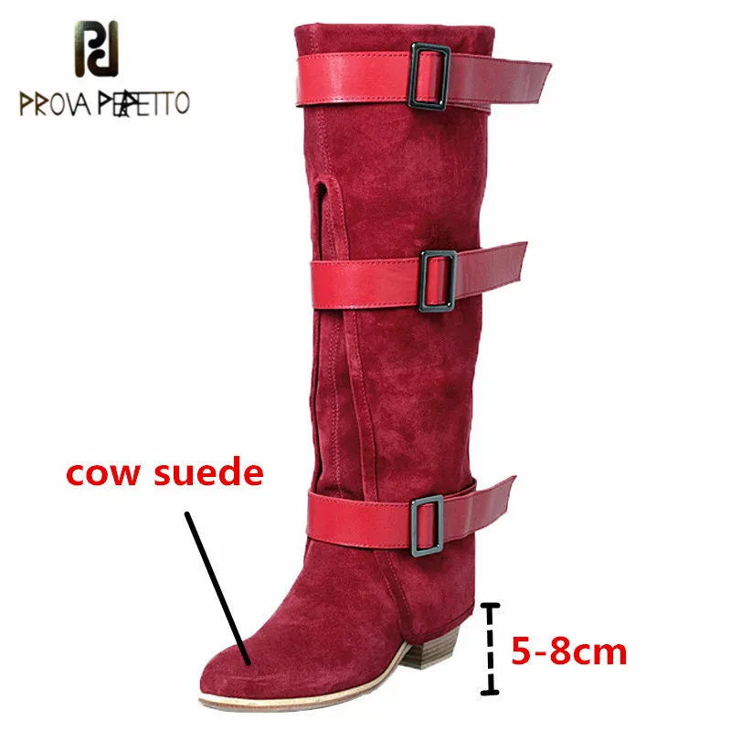 

Prova Perfetto High Quality Cow Suede Ladies Thigh High Boots Elegant Mixed Colors Buckle Strap Pointed Toe Slip-on Women Boots