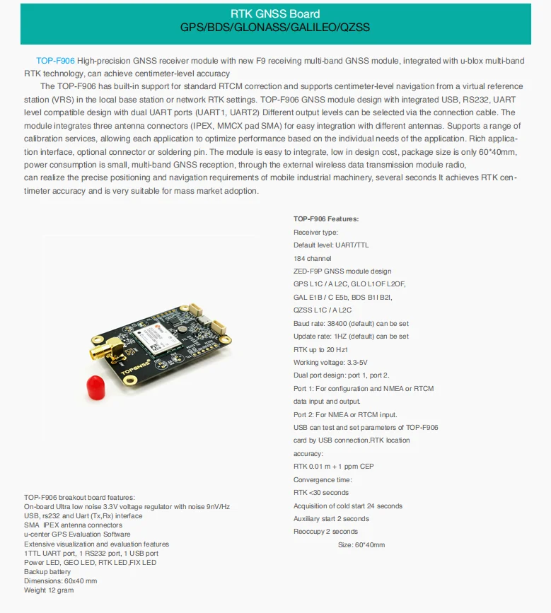 GNSS приемник Модули антенна gps ГЛОНАСС, BEIDOU, QZSS GALILEO GNSS RTK мульти-звезда алгоритм многочастотного zed-f9p 5V
