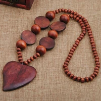 women bohemian style personality wood beads heart pendant long necklace handmade vintage high quality necklaces and pendants