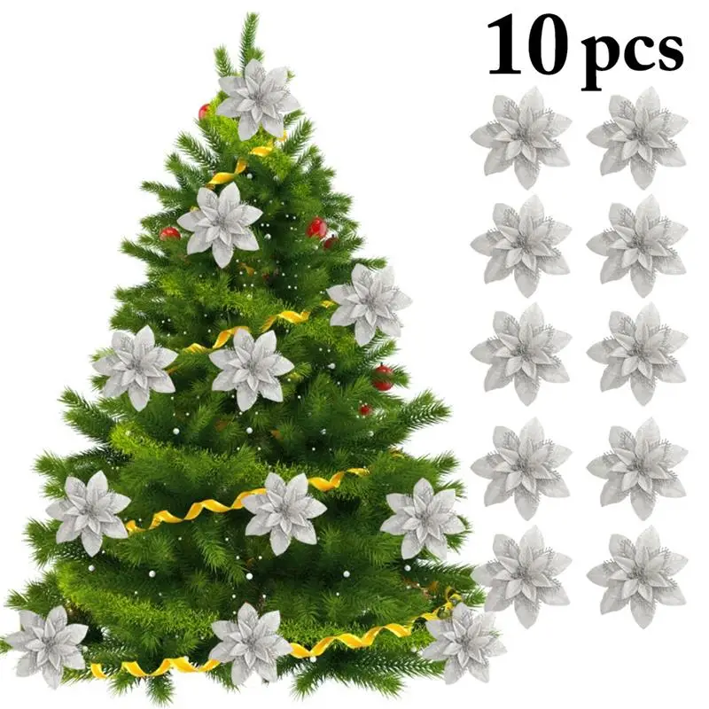 10 шт. искусственные цветы для украшения блестки Poinsettia поддельные цветы DIY домашние свадебные декорации цветок голова Рождество