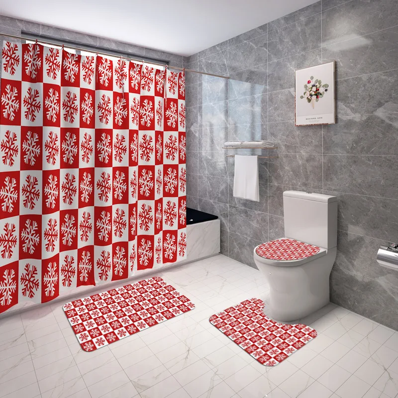 

Merry Christmas Fabric Shower Curtain Snowflake Bathroom Curtains Anti-skid Bath Rugs Carpet Toilet Cover Holiday Decoration