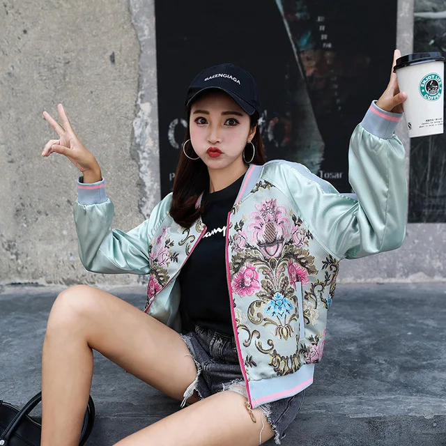 Новинка весна осень Женская куртка пальто Модная Цветочная вышивка молния