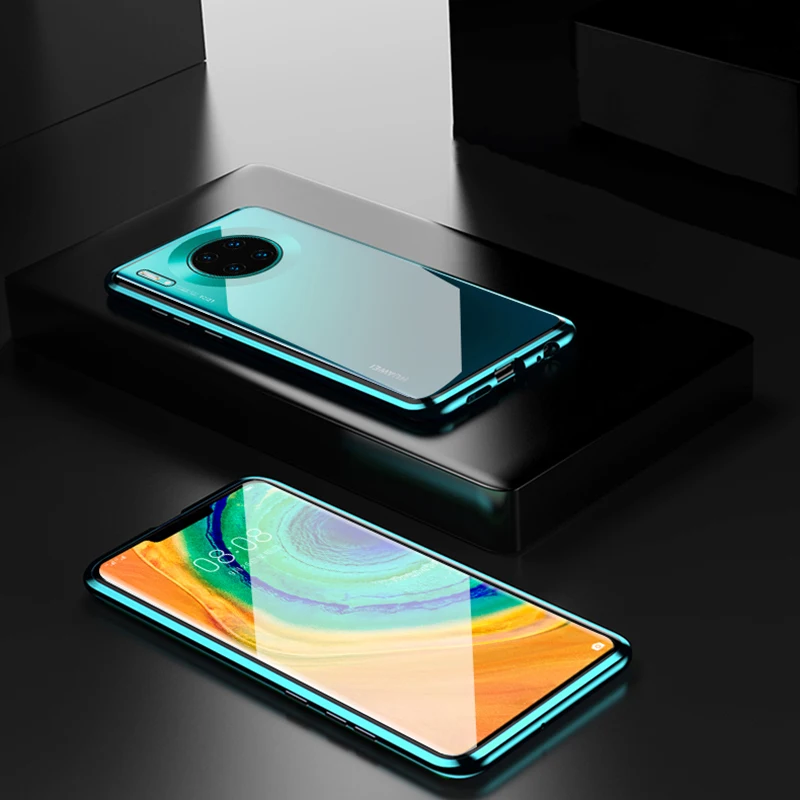 Роскошный защитный Магнитный чехол на весь корпус для huawei P30 P20 lite Pro 360, задняя крышка из закаленного стекла huawei mate 30 20 Pro Чехол - Цвет: Зеленый