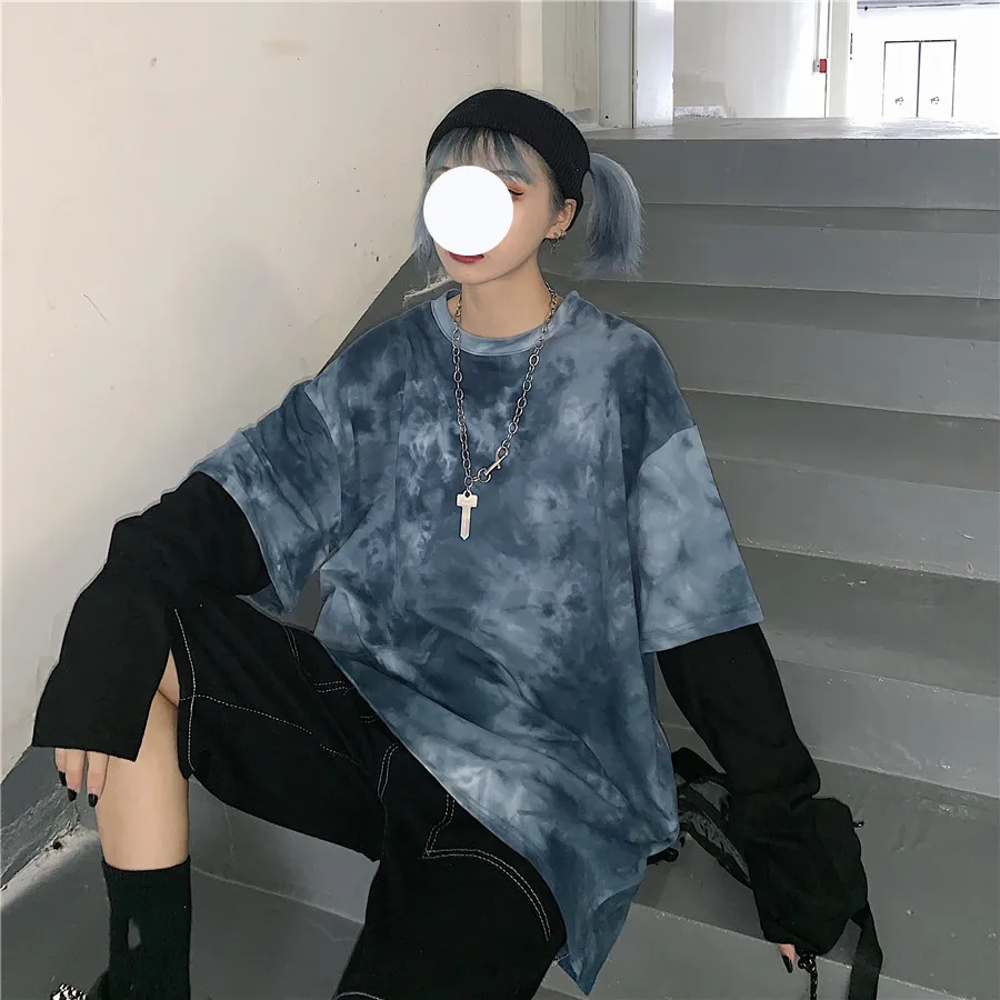 Harajuku уличная женская футболка с галстуком-красителем Корейская Tumblr Поддельные 2