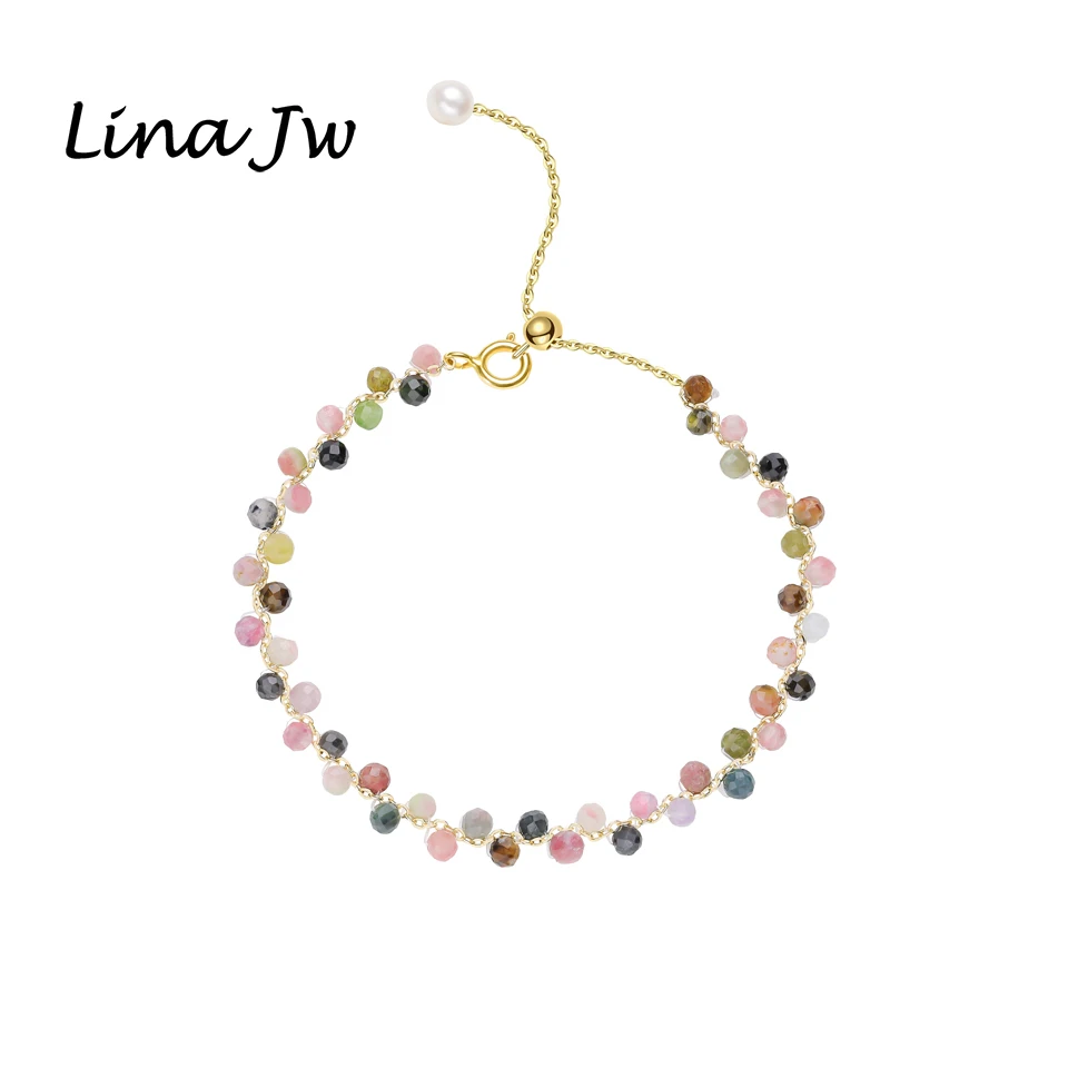 Lina Jw  Gold Color 3MM Natural Stone Tourmaline Bracelet on Hand for Women Jewelry Party /Wedding Luxury Gift Set Handwork