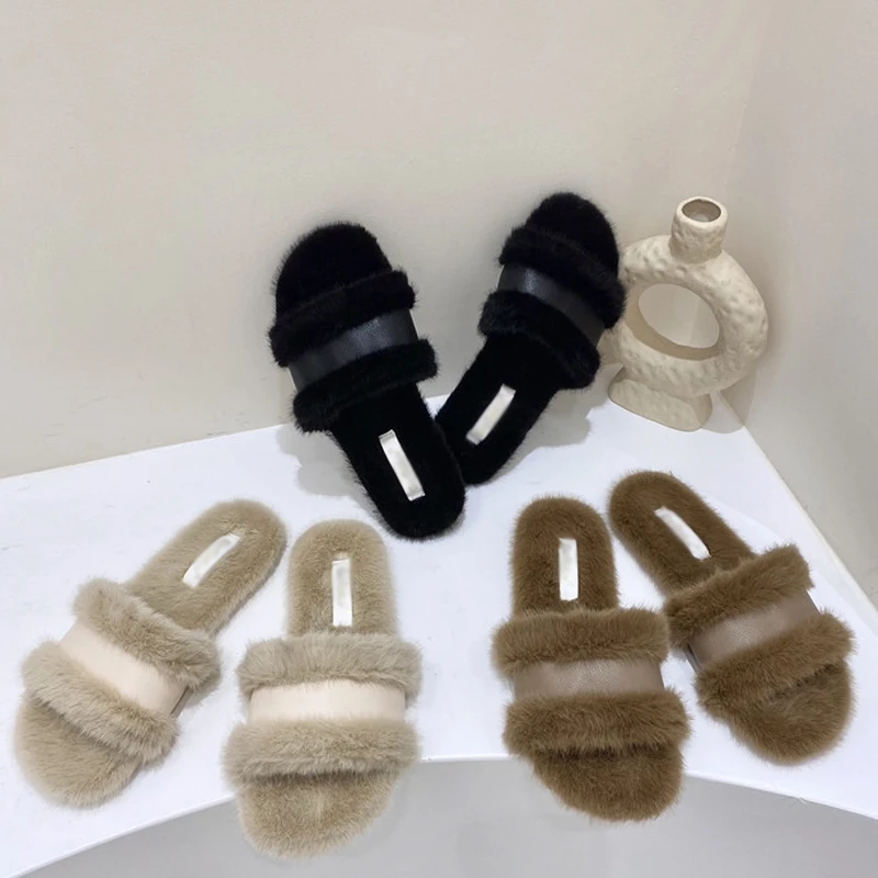 

Fashion Fur Women Slippers Causal Open Toe Ladies Soft Flats Slides Outsides Women Dress Fluffy Sandals New Woman Slipper Shoes