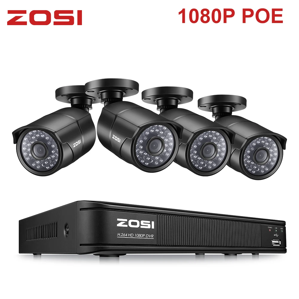 ZOSI 8 канальный 1080P POE CCTV система NVR комплект 4 шт. 2 МП Водонепроницаемая пуля наружная IP камера P2P Onvif безопасности