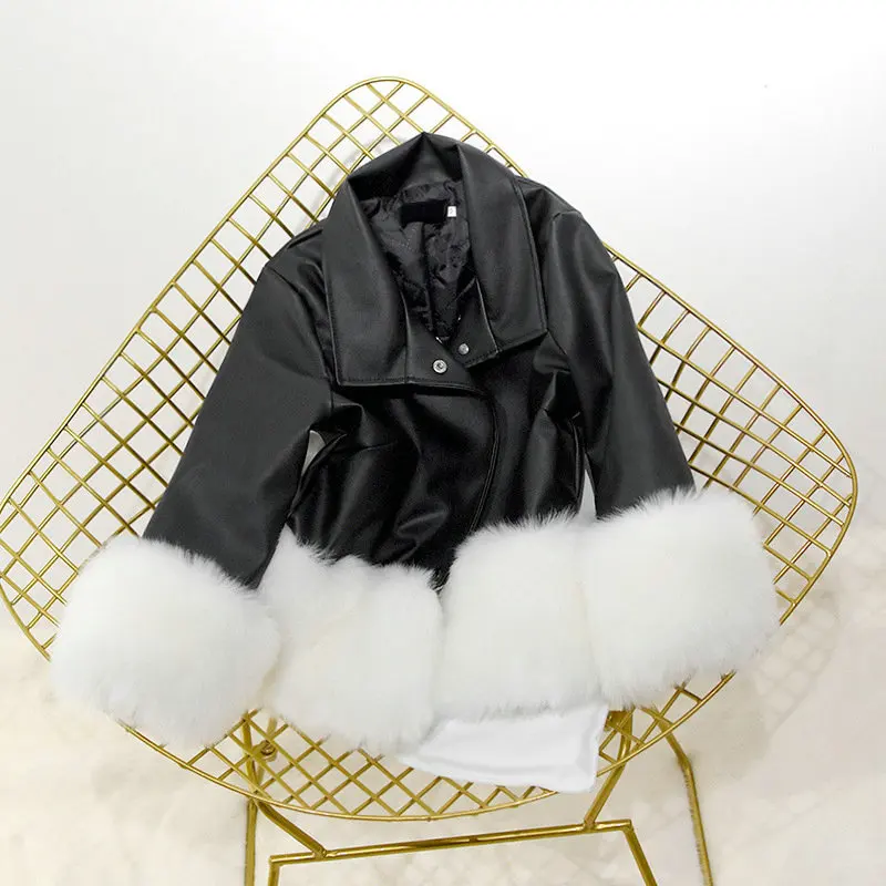 2001 White Модные женские осенние зимние Короткие Куртки из искусственной кожи с искусственным лисьим мехом, роскошная Качественная верхняя одежда из искусственной кожи в стиле пэчворк - Цвет: 2001 White