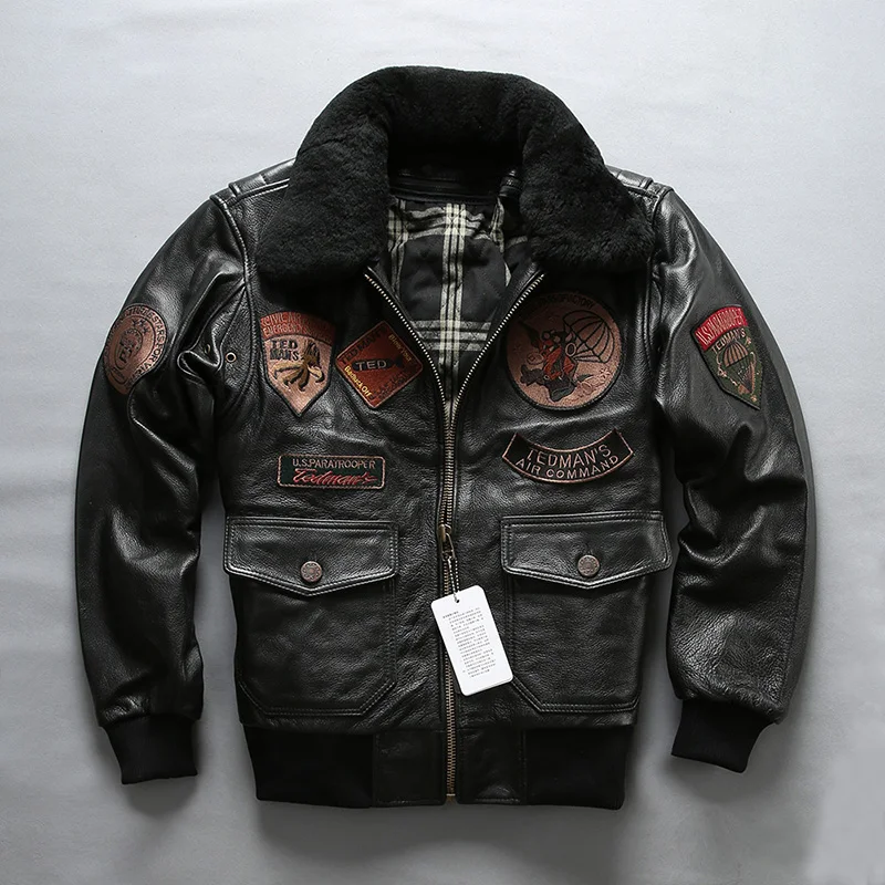 

winter AVIREX FLY flight jacket fur collar genuine cow leather coat men patches pilot bomber jacket for men black M 4XL