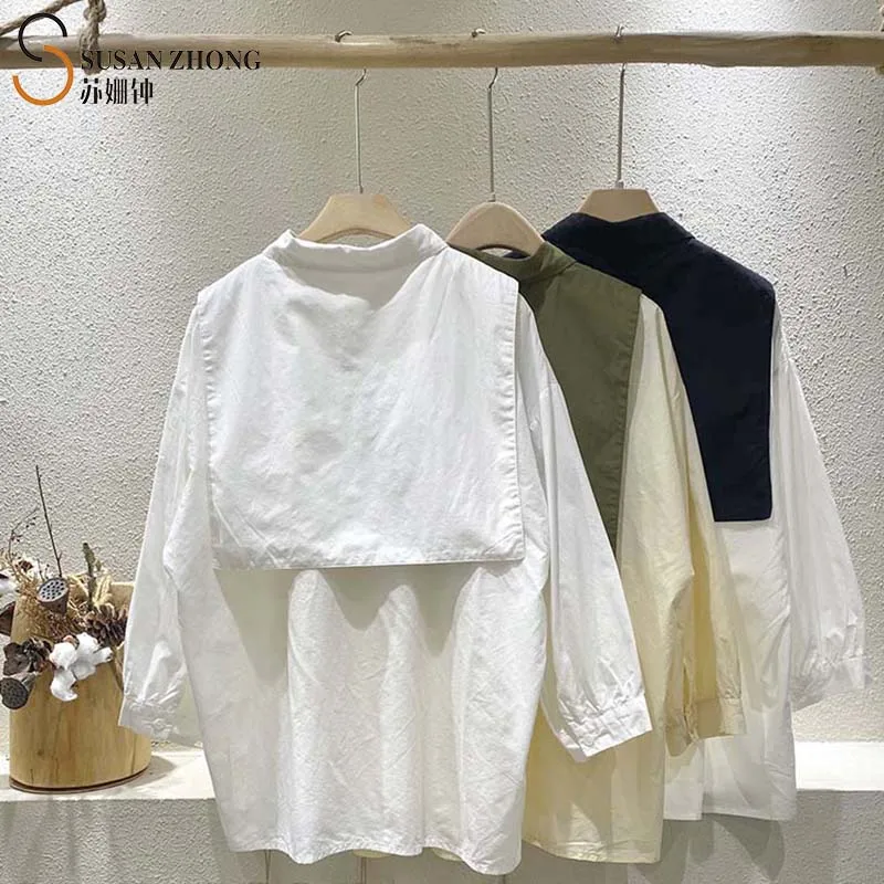 

Women Shirts Female Blouse Lady Top 2021 Spring Natural Normcore Casual Cotton Turn-Down Collar Patchwork Cape Button Cuff Long