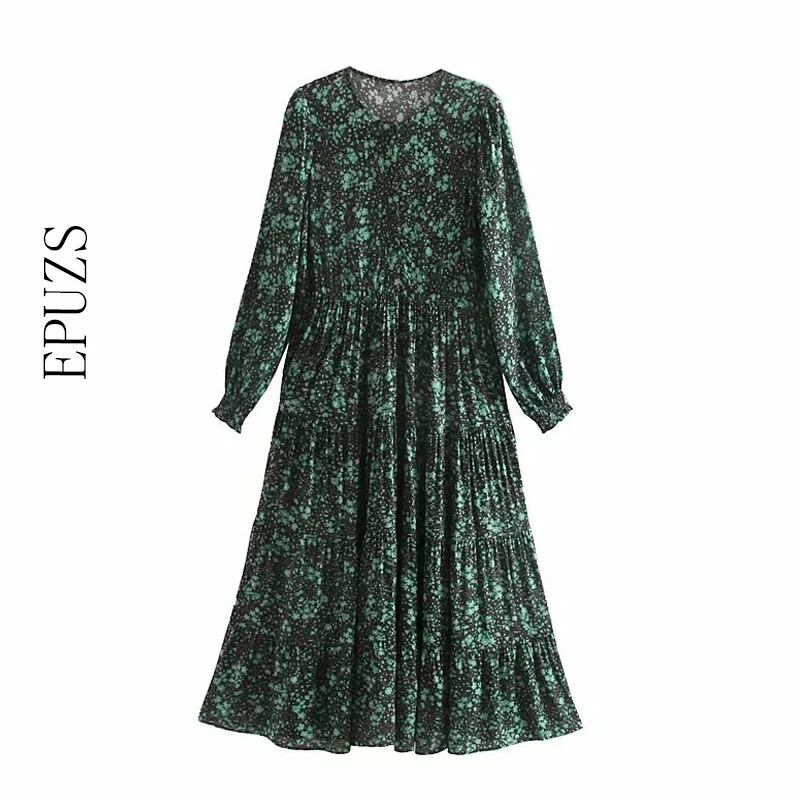 Женское винтажное платье миди с цветочным принтом зимнее плиссированное длинным