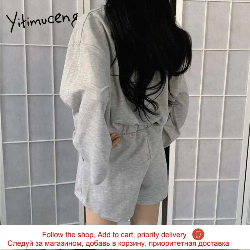 

Yitimuceng 2 Piece T Shirts and Shorts Women Suit Unicolor Loose Long Sleeve Shirts Casual Short 2021 Summer Korean Fashion New