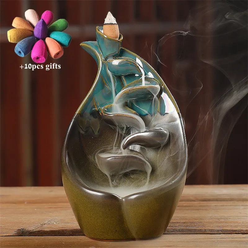 Керамический обратный поток благовоний горелка синий застекленный дым водопад