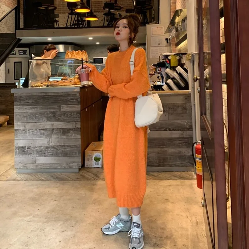 

Orange Loose Knitted A-line Sweater Dress Fashion Candy Color Women's Knitted Dresses Autumn Wild Female Pullover Sweaters Pink