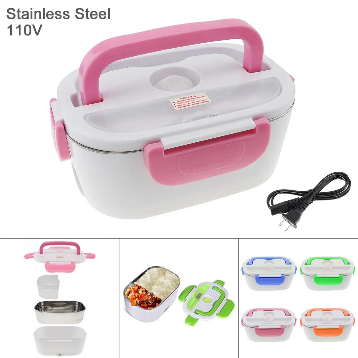 

110V 1.5L Split-type Stainless Steel ABS Portable Food Warmer Heating Keeping Electric Lunch Box with Spoon / US Charging Line
