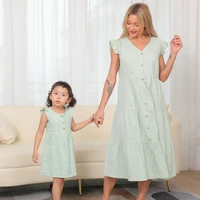 2021 new summer family matching outfits mother and daughter cotton solid ruffle dresses mommy and me dress childrens clothing