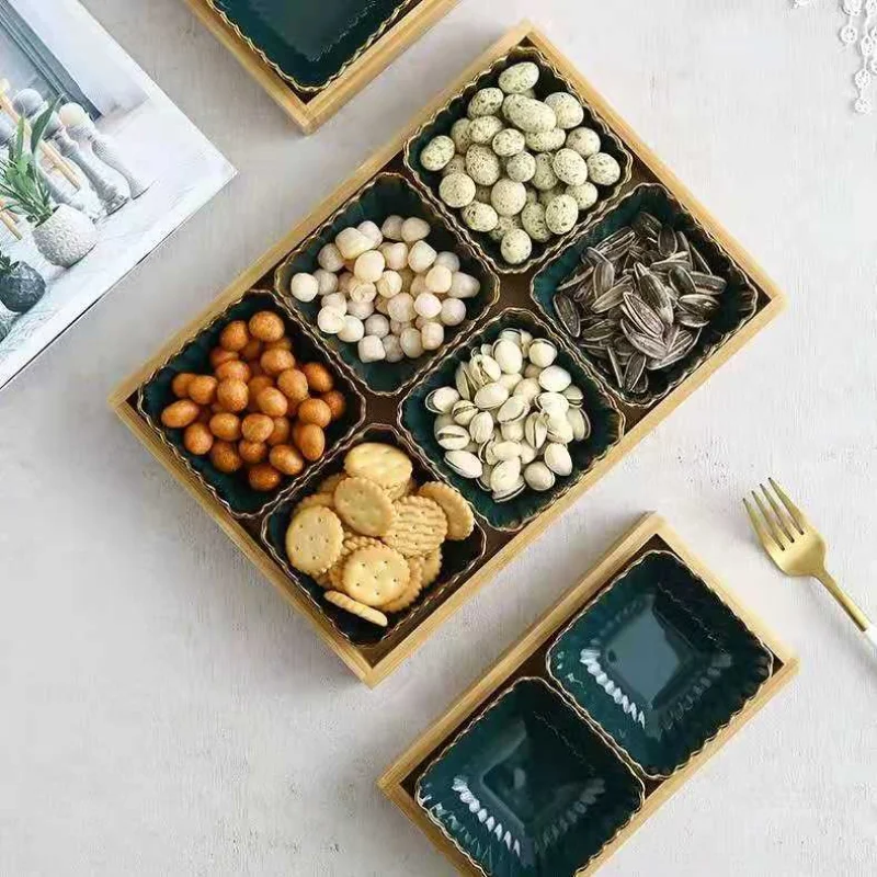 

Green Gold Rim Ceramic Dish Fruits Platter Creative Porcelain Snack Dessert Plate Natural Bamboo Serving Tray Holder Tableware