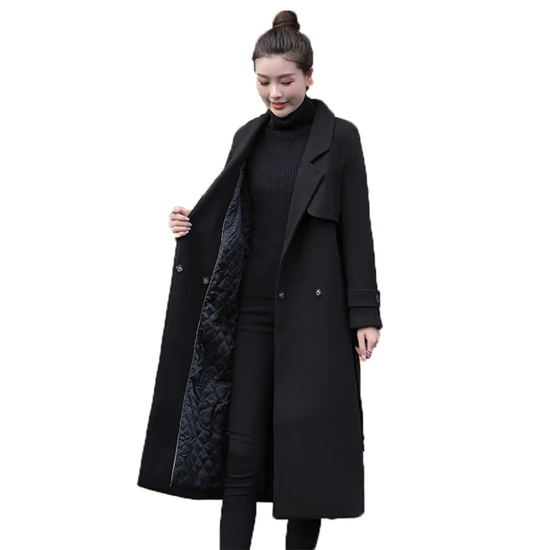 

Woolen Coat Women Top Black New Spring Autumn Europe And America Thicken Plus Size M-4XL Fashion Slim Long Jacket Vestido GH39