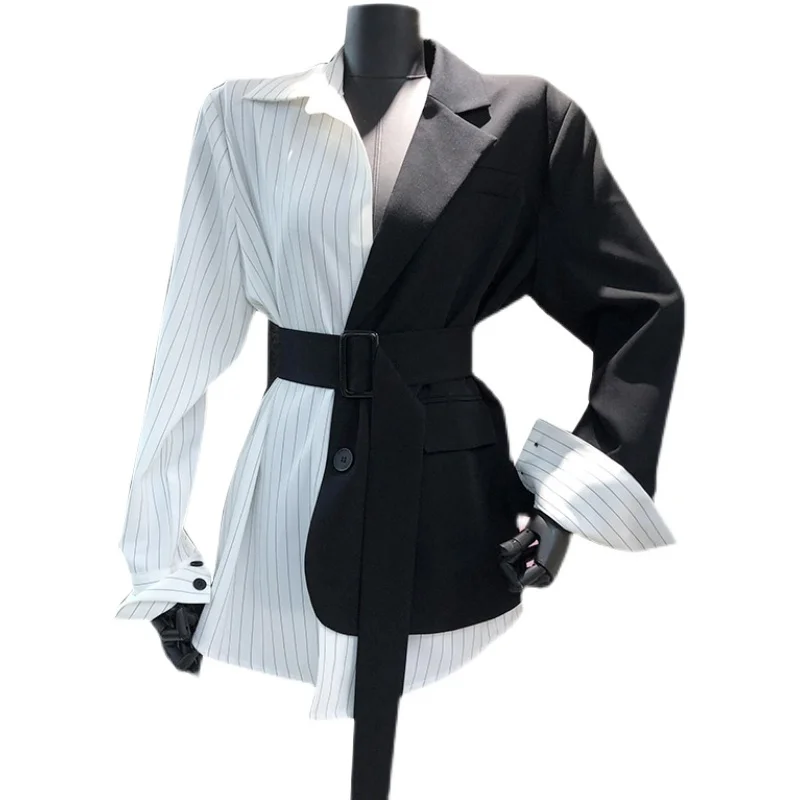 

Spring Summer 2021 Contrast Color Striped Shirt Splice Suit Jacket Fashion Collect Waist V-neck Irregular Fake Two Piece Coat