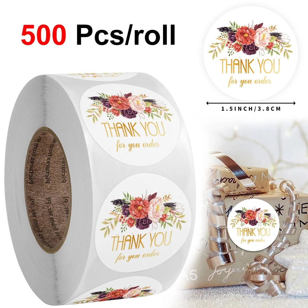 

500 Pcs/roll Flower Thank You Stickers Seal Labels 1.5 Inch Thank You for Your Order Stickers for Small Shop Gift Packs Stickers