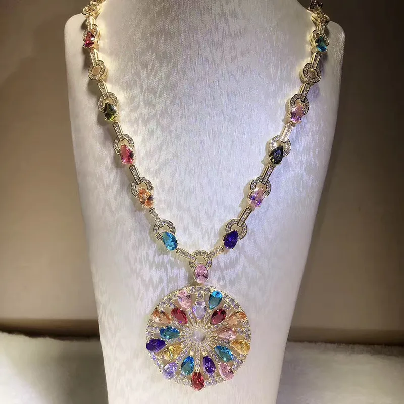 Hot famous brand jewelry big round coin rainbow color stone pendant necklace women fashion cubic zirconia muti party bijou | Украшения и