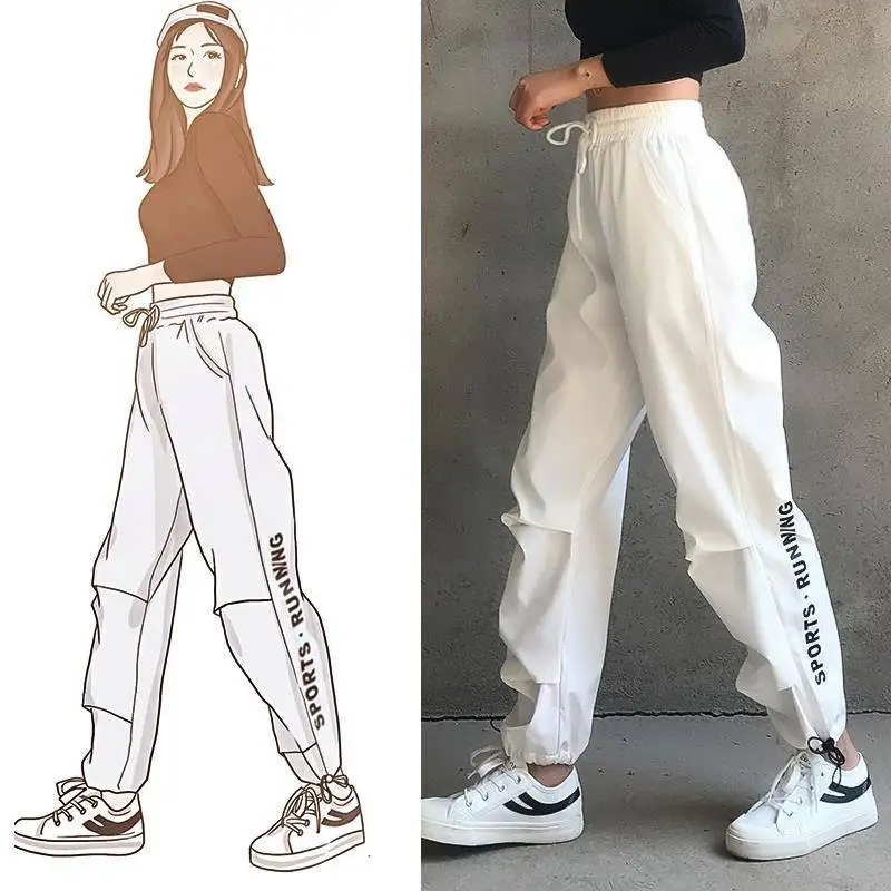

Women High Waist Casual Pants Hot Cool Cargo Sweat Pants Streetwear Loose Girls Punk Black White Sports Pants Female Trousers