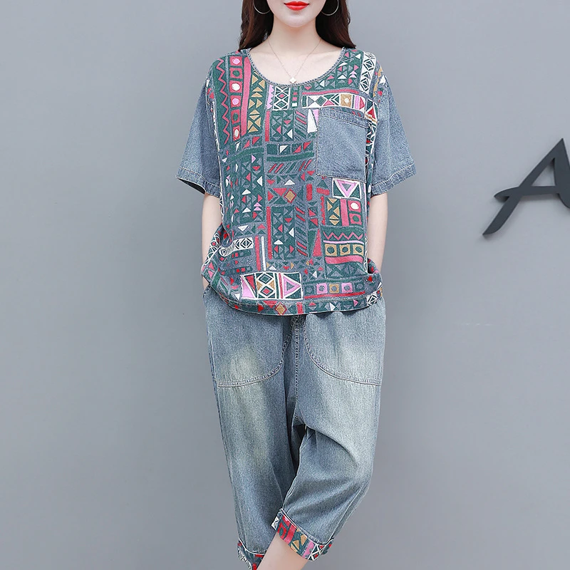 Джинсовый костюм Женский свободного покроя повседневный из денима с принтом