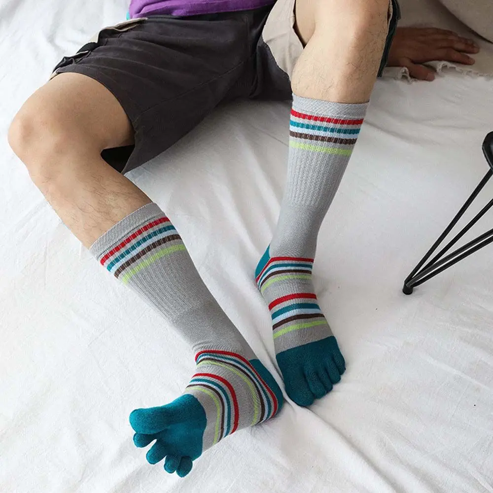 

1 Pair Crew Men Five Toe Socks Striped Pure Cotton Absorb Sweat Split Toes Stripe Funny Male Sports Yoga Anti-slip Soft Hosiery