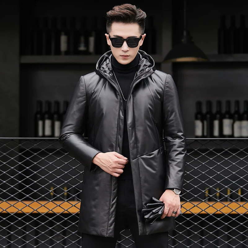 

Приталенная кожаная куртка средней и большой длины, кожаный пуховик, мужская куртка из овечьей кожи, мужская куртка с капюшоном, корейская м...