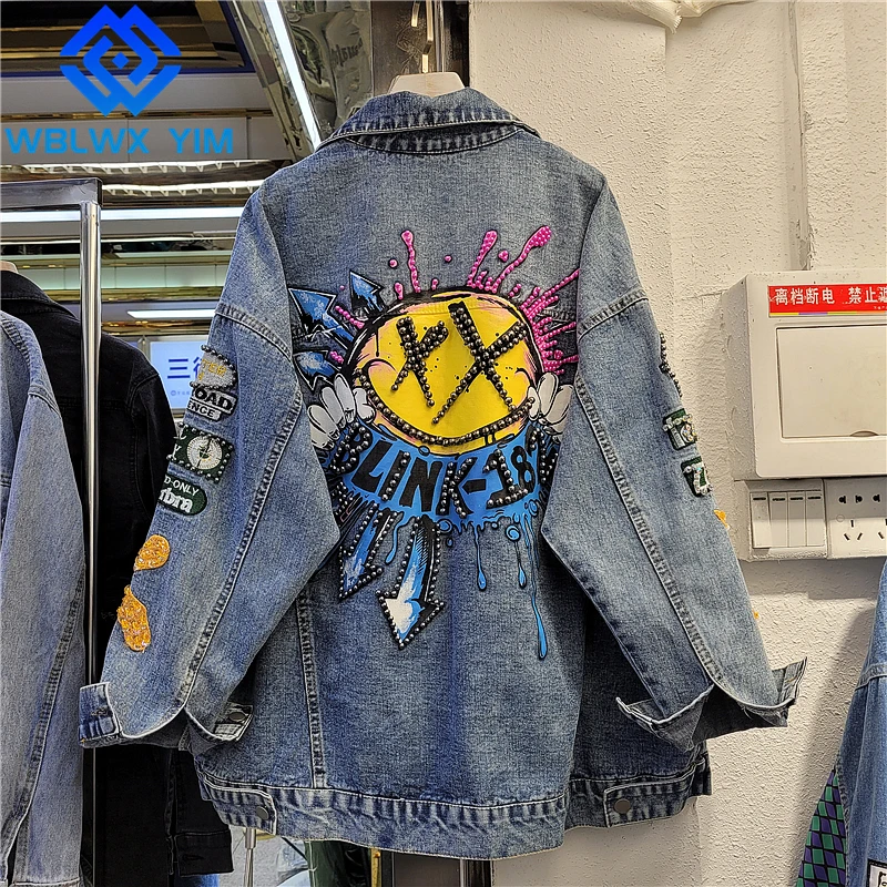 

Jeans Jacket Women Beaded Patch Diamond Fashion Cartoon Print Denim Jackets Female Loose Hip Hop Jeans Coat Streetwear Outerwear