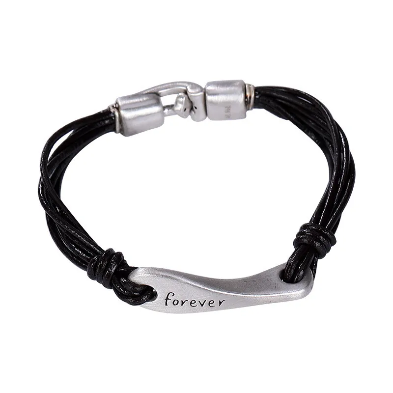 

V.YA 990 Sterling Silver Bracelet Forever Love Letter Couple Leather Bracelet Rope Women's Bracelets Bangle Jewelry
