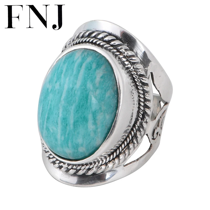 FNJ Oval Amazonite Ring 925 Silver New Original S925 Sterling Silver Rings for Women Jewelry Adjustable size