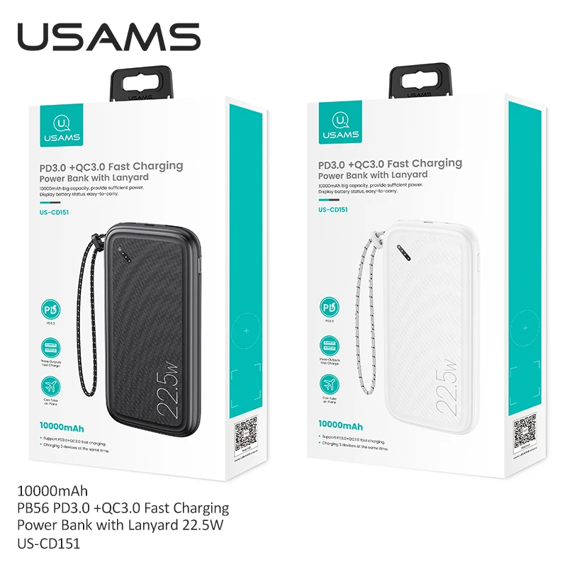USAMS PD 22 5 Вт Быстрое зарядное устройство 10000 мАч QC3.0 FCP портативное с ремешком