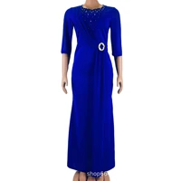 new european and american pure color round collar seven minutes sleeve long fashionable ribbon large size waist dress