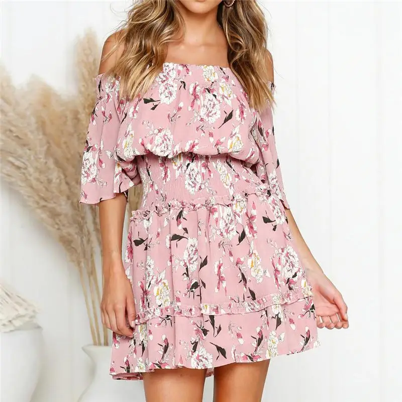 Летнее женское платье в богемном стиле шифоновое пляжное с цветочным принтом