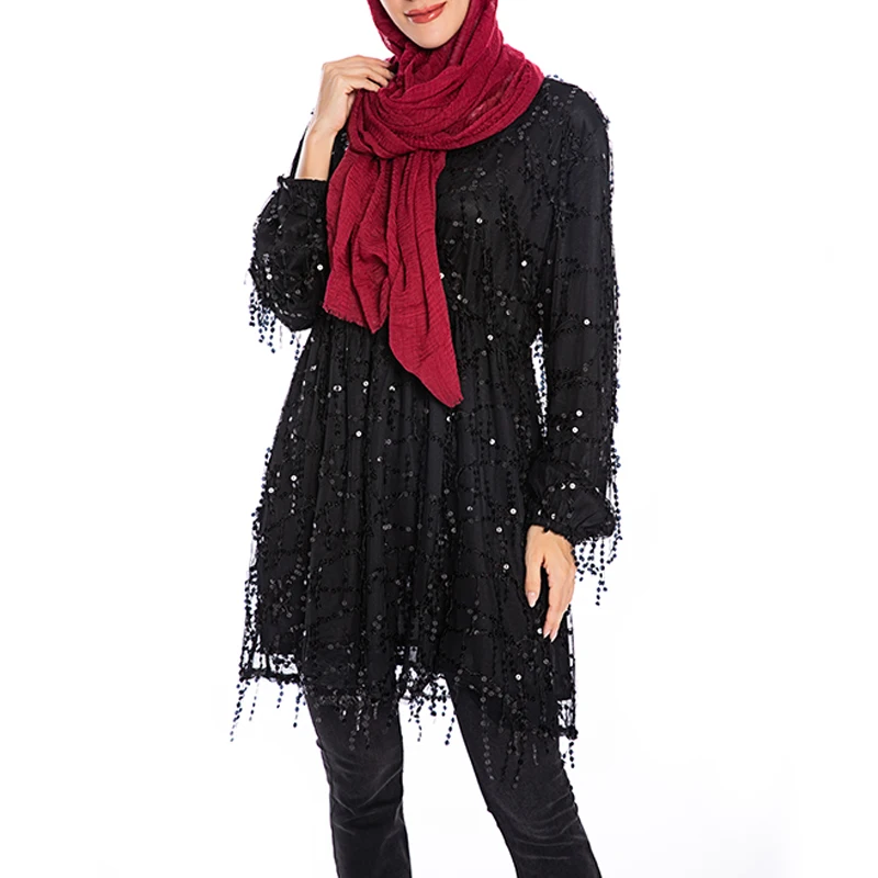 Black Tops Abaya Дубай Турецкий Арабский Топ Mujer мусульманские блесток Длинные женские топы Исламская одежда Vetement Femme Musulmane Ropa Musulmana Mujer - Цвет: Black Tops