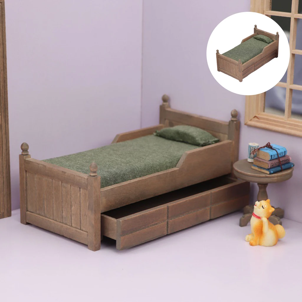 

1/12 Scale Doll House Miniature Wooden Bed Model Bedroom Furniture Ornaments