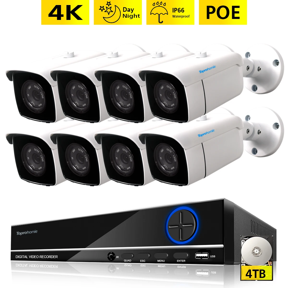 TOPROHOMIE H.265 4CH 8CH 4K POE камера видеонаблюдения системы безопасности 8MP IP66 наружная