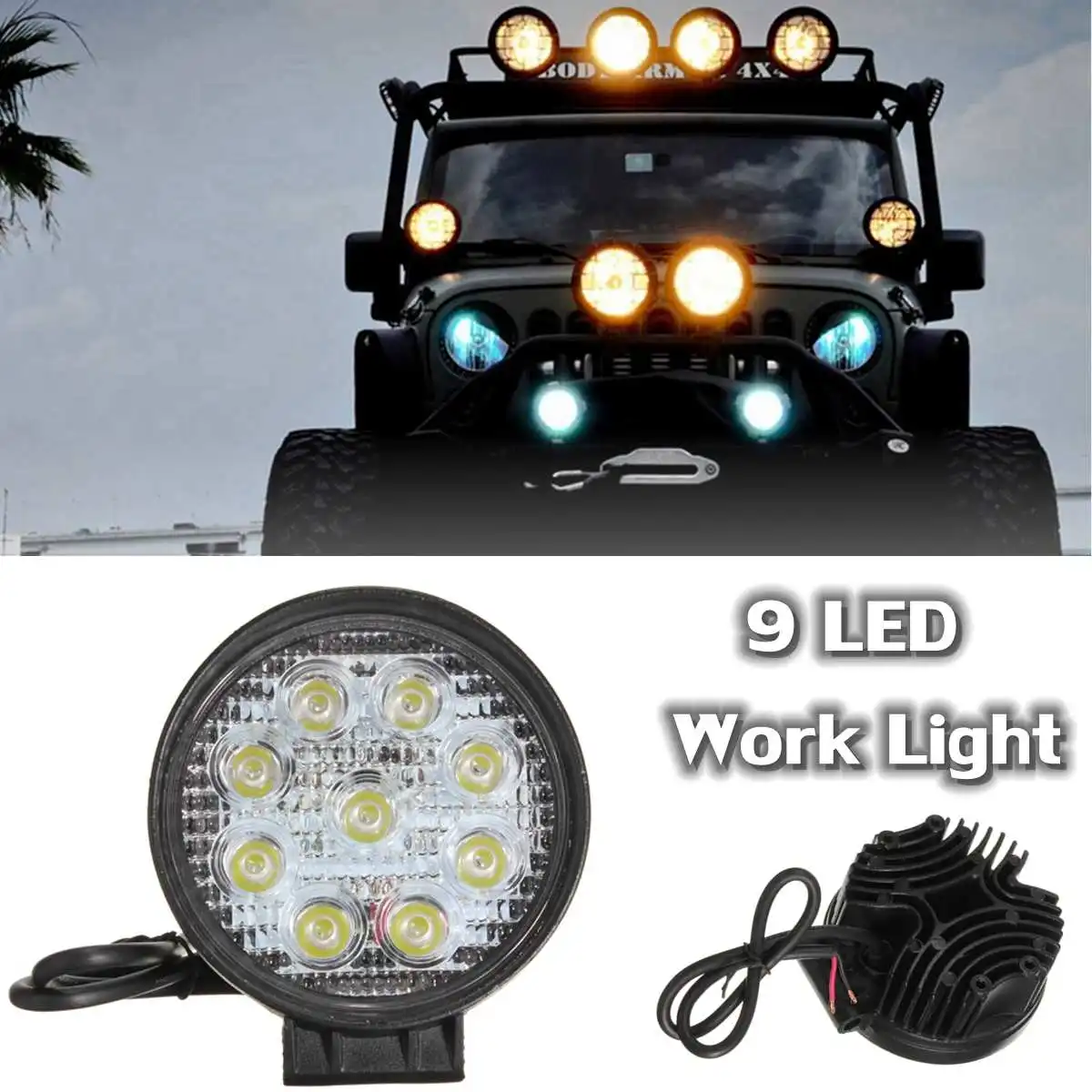 

1/2Pcs 27W 9 LED Flood Led Bulbs Round Headlight Work Light Lamp Beam Off Road Light Super Bright Round Bar Lamp For Truck SUV