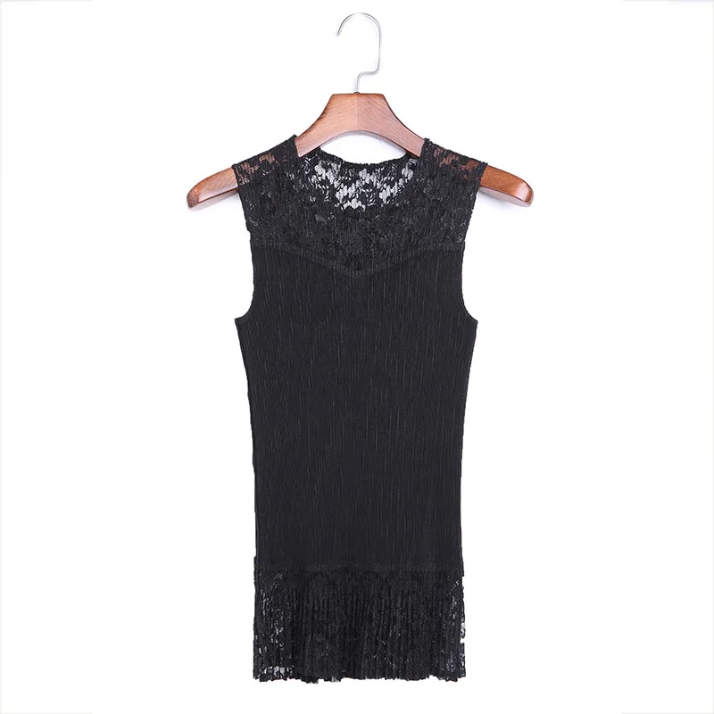 

LANMREM Women Black Lace Pleated Elasticity T-shirt Round Neck Sleeveless Fashion Tide Summer 2021 New Arrivals 2E1585